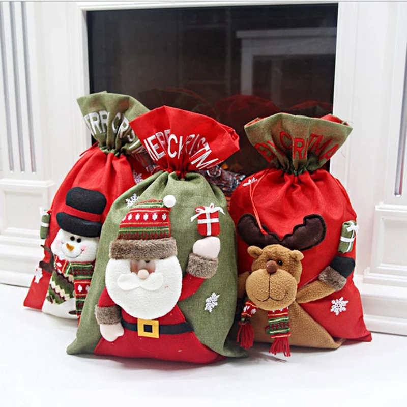 Santa Sack Christmas String Pouch 2024 New Children Xmas Gifts Candy Stocking Bag Exquisite Santa Claus Linen Drawstring Bags