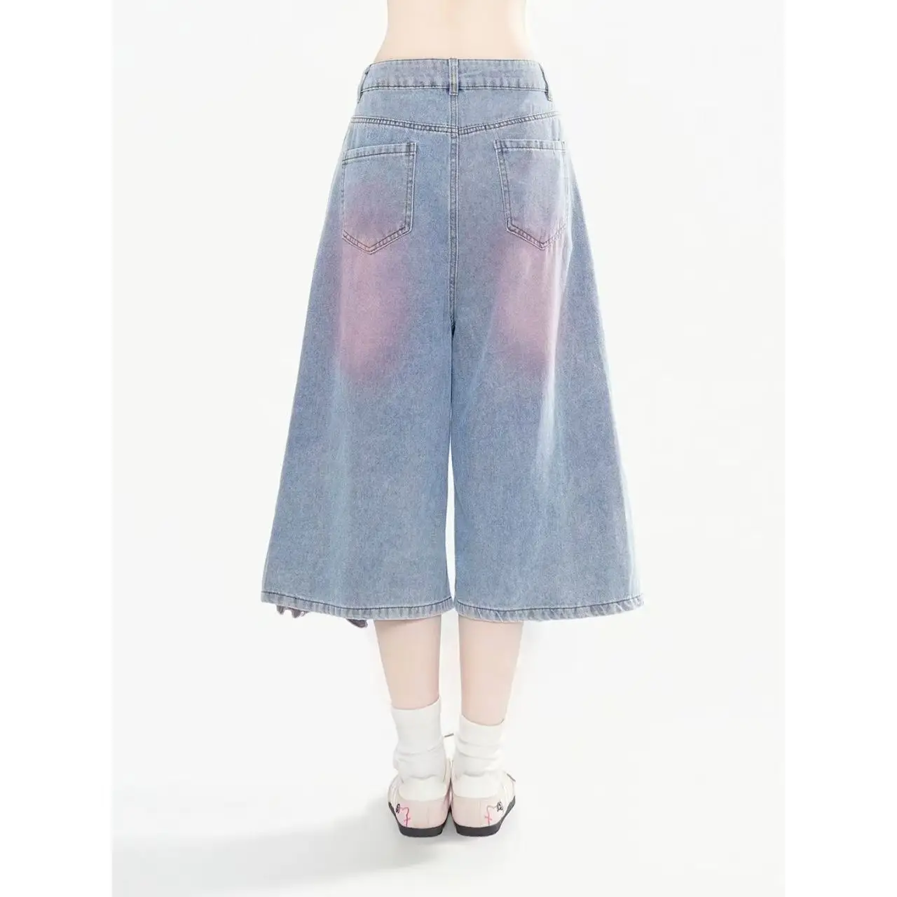 Y2K Retro American Black Star Cat Embroidered Splicing Jeans For Women Wide Leg Cropped Pants High Waist Denim Casual Streatwear