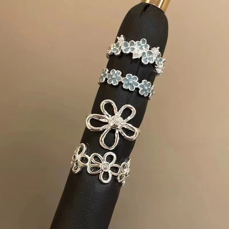 4 Style New Sweet Cute Blue Glazed Flower Green Ring for Women's Vacation Party Imitation Pearl Layered Zircon Ring Girl Gift