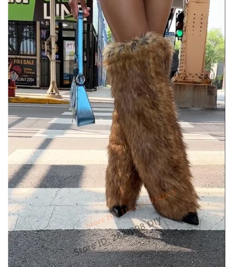 

Зимние меховые сапоги до бедра на шпильке, женские коричневые сапоги с острым носком на шпильке, длинные меховые сапоги выше колена, туфли на высоком каблуке