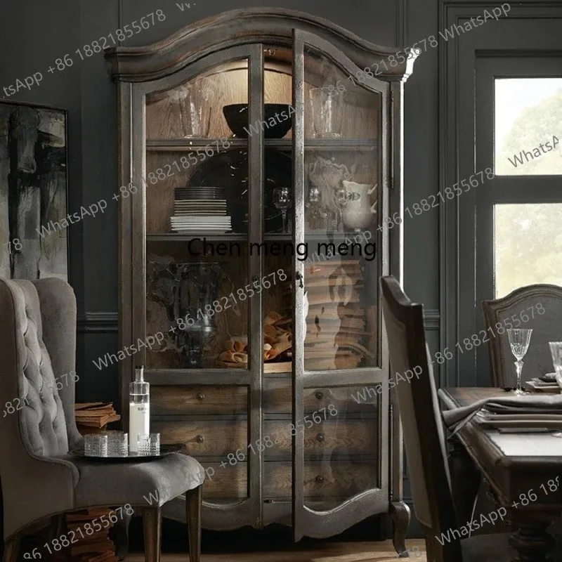 F150 French rural solid wood dining edge American light luxury retro old glass dining room furniture wine cabinet storage