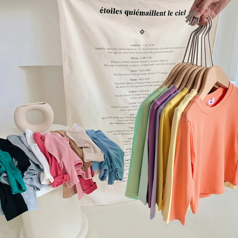 

Children's bottoming shirt2024Autumn New Boys and Girls Solid Color Stretch Bottoming Shirt Baby round NeckTT-shirt