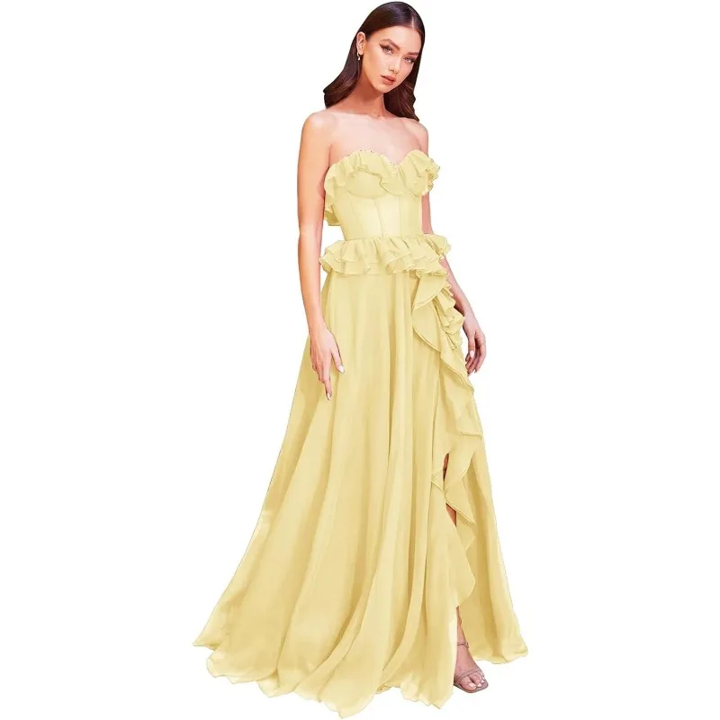 Wakuta Fashion Strapless Corset Chiffon Prom Dresses 2024 Long Ruffles Formal Evening Party Maxi Vestidos for Women with Slit