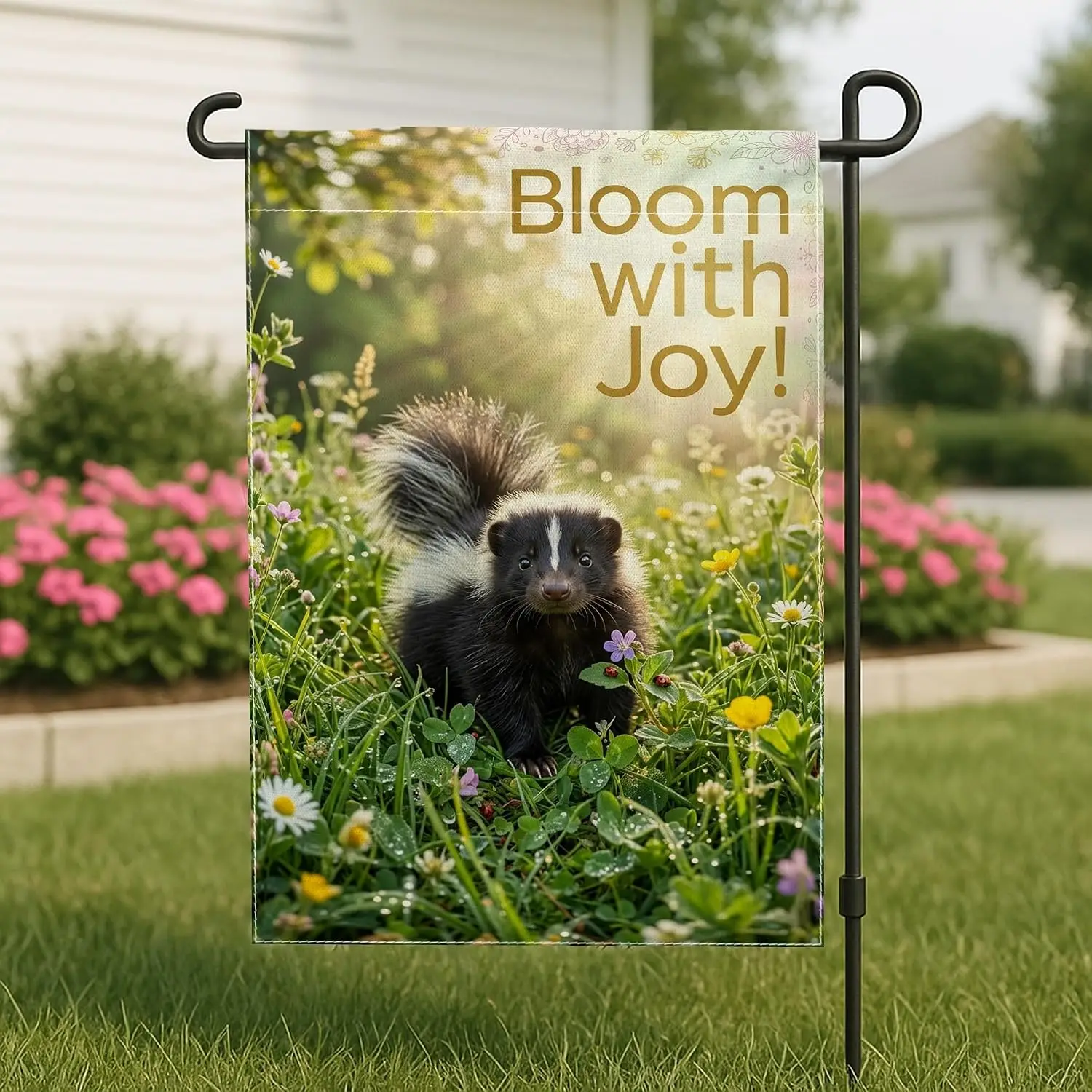 Skunk Garden Flag, Nature Fanciful Flowers Grass Spring Green Burlap Double Sided Yard Decorative Flags for Outdoor Front Po yyi