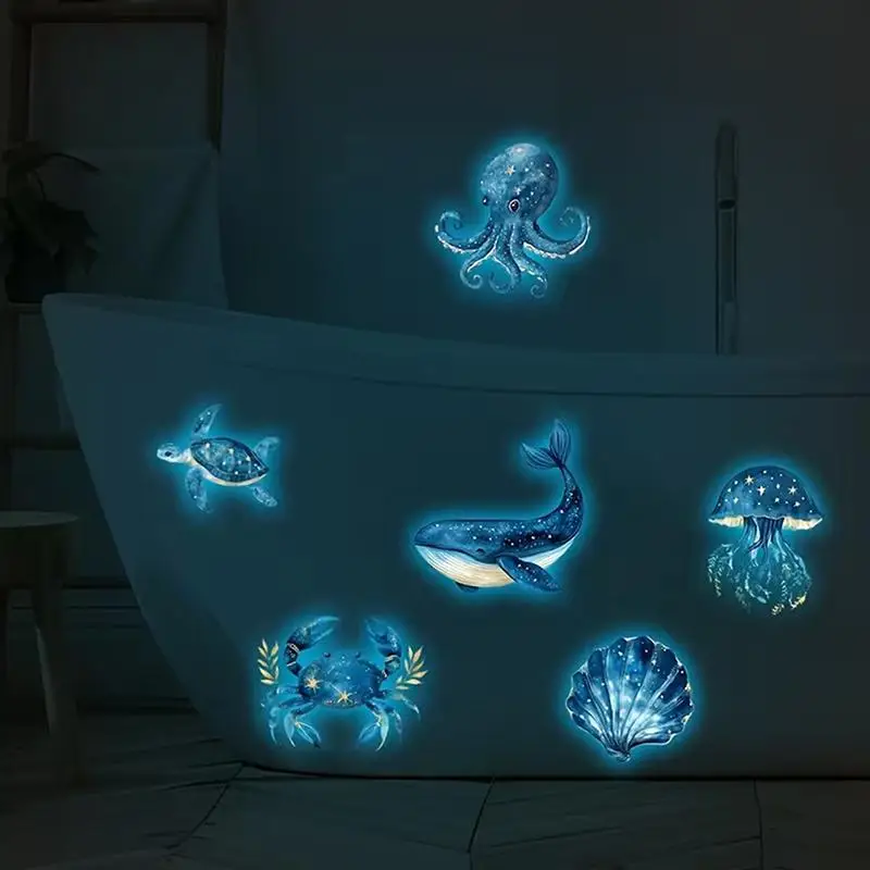 Luminous Glass Stickers Marine Life Glow in the Dark Toilet Decal Home Bathroom Wall Decor for Kids Night Glow