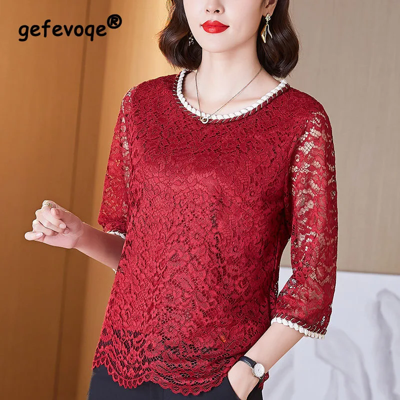 2023 Summer Lady New Round Neck Solid Color Hollow Elbow Sleeve Tops Women Casual Comfortable Refreshing All-match Lace T-shirt