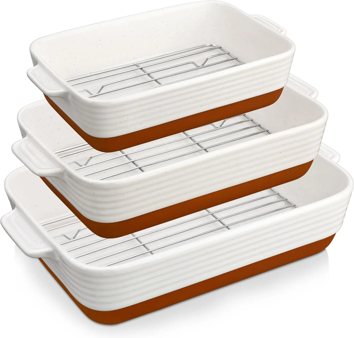 

Ceramic Baking Dishes Set of 3 with Roasting Racks for Oven, Rectangular Lasagna Pans with Handles, 14.5/13/10.5 Inch