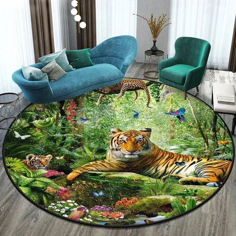 Tiger & Jungle Round Rug – 3D Waterfall  Carpet with Animal Print for Living Room Fantasy Decor