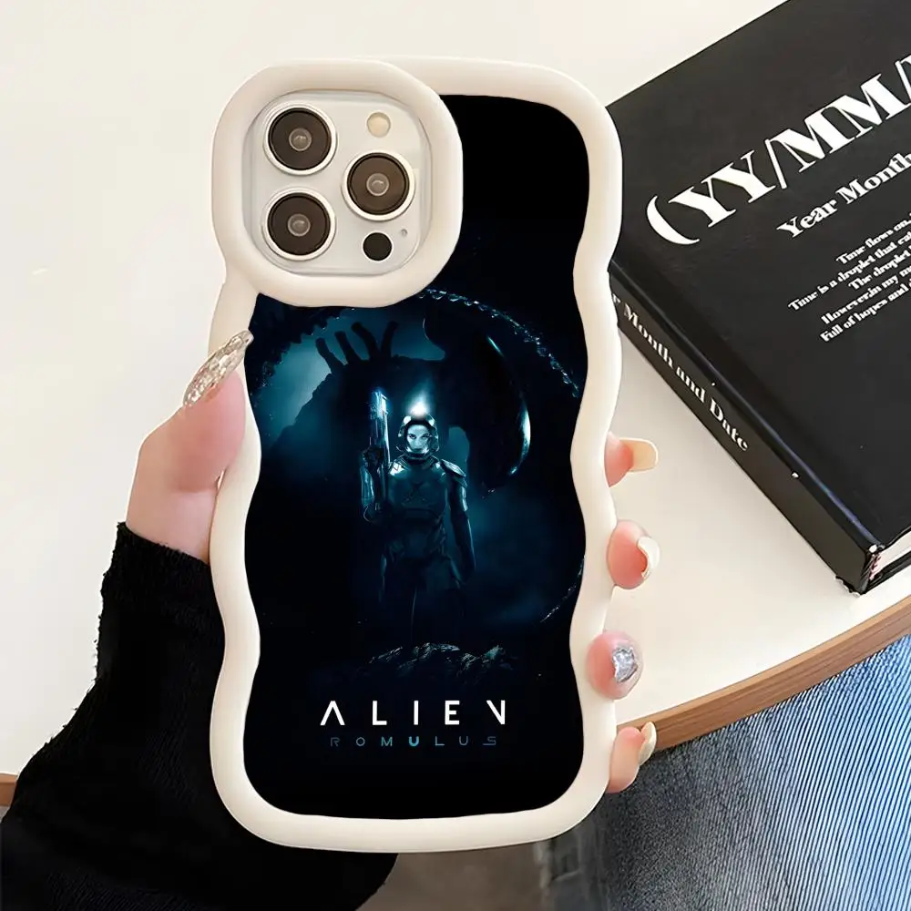 

Alien Romulus Phone Case for iPhone 17 16 15 14 13 12 11 Air Pro Max Plus White Soft TPU Wavy Edge Cover