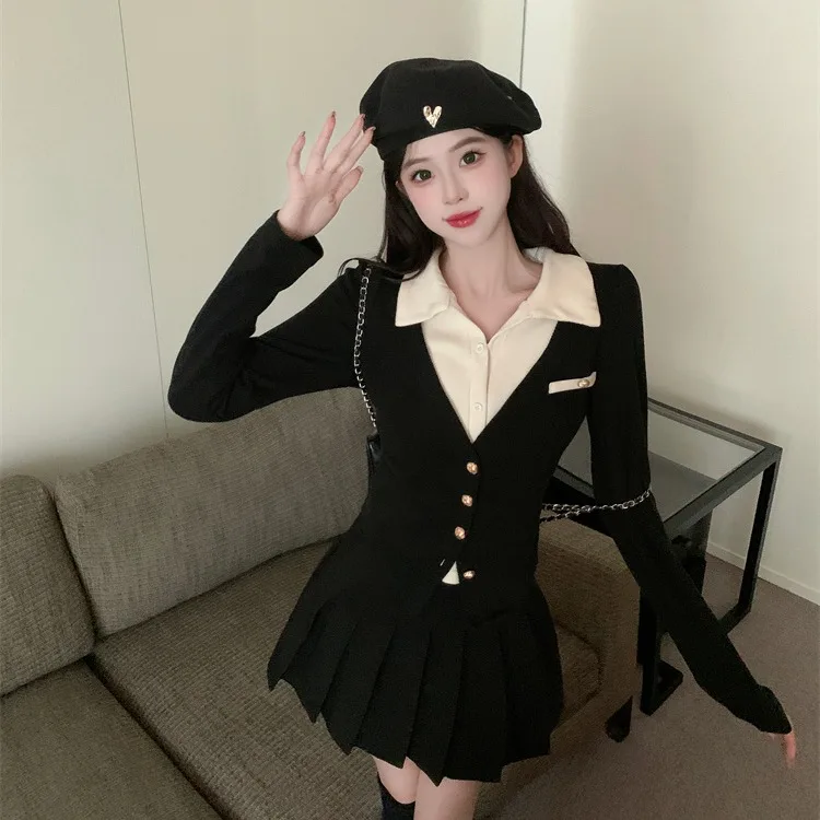 Осенне-зимний женский модный комплект Slim Fit Long Sve с плиссированной юбкой и воротником на пуговицах Sle College Wind