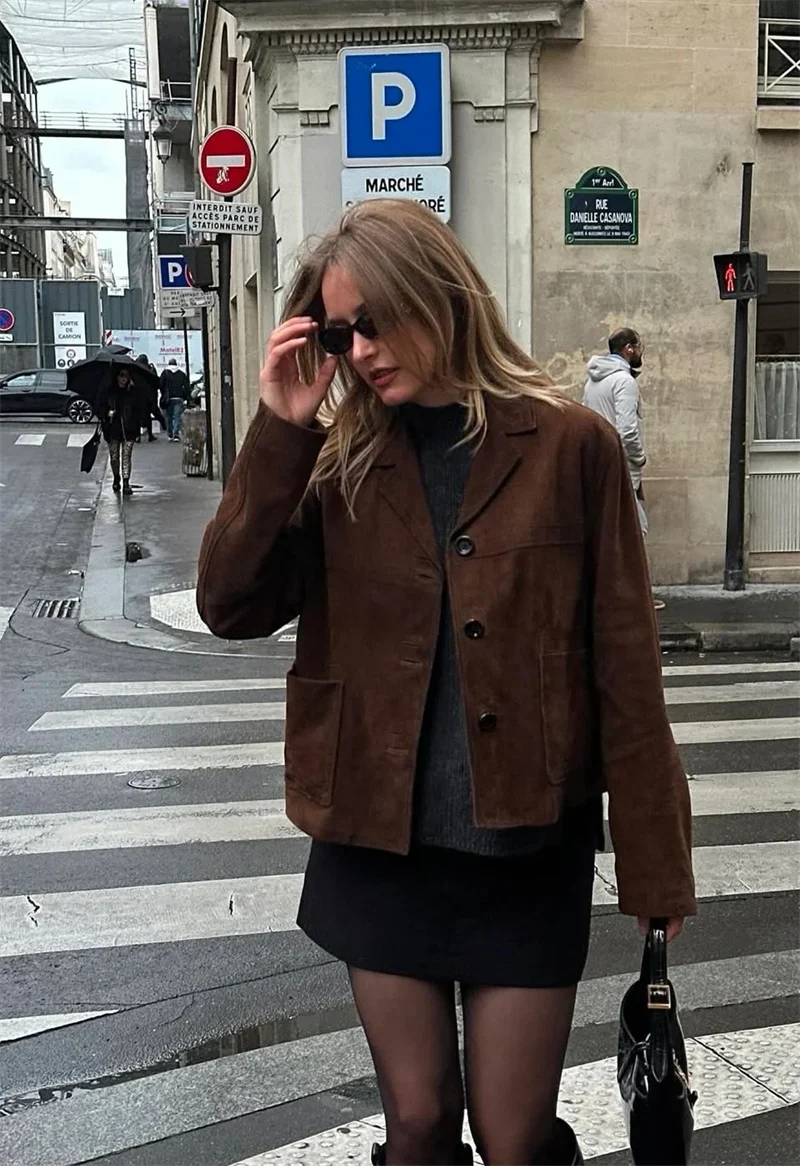 レディースジャケット ブラウン スエード ショートブレザー 柔らかく暖かい 秋 カジュアル ファッションスタイル