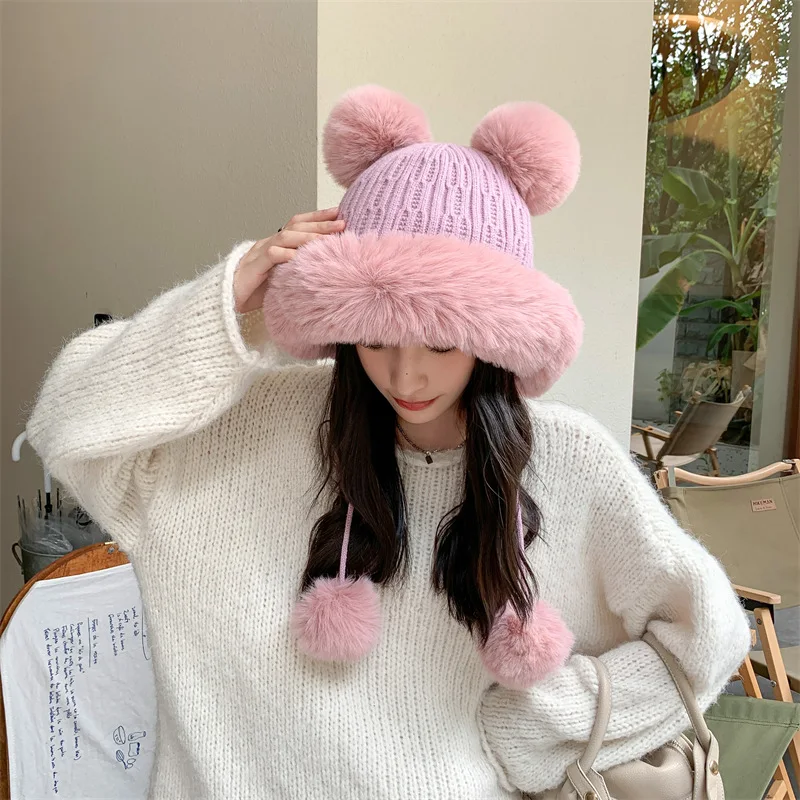 Women's Winter New Ear Protection Warm Knitted Hat Outdoor Snow Cold-proof Ski Wool Hats Cute Riding Lei Feng Cap русский