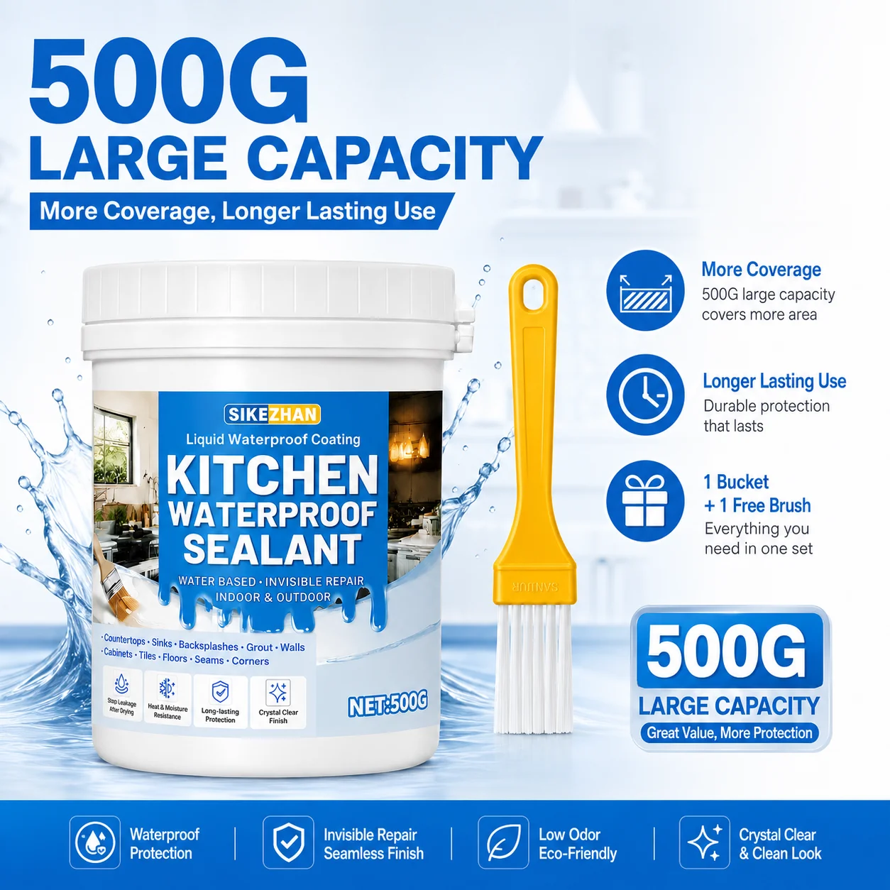 Professional 500g Kitchen Waterproof Sealant, Invisible Liquid Coating Glue with Brush for Countertops Sinks Grout Repair Kits