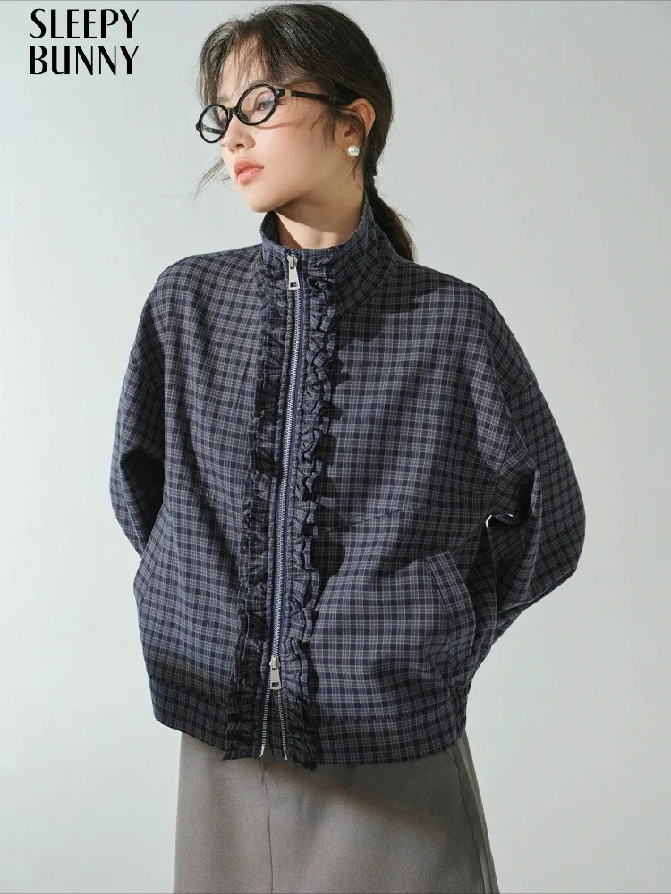 Retro Plaid Jacket Women Stand Collar Zip Up Coat Casual Loose Fit Outerwear Autumn Retro Top for Daily Layering Street Fashion