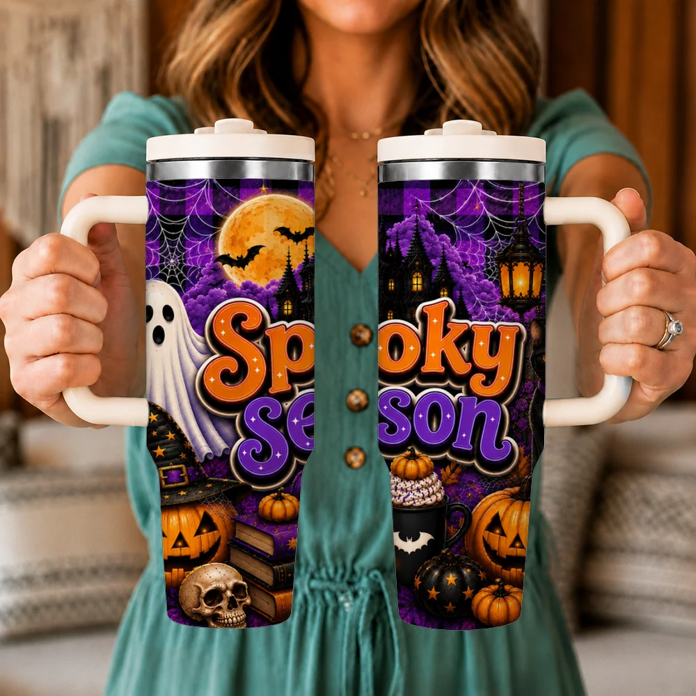 Haunted House Pumpkin Vacuum Flasks 40oz Leakproof Insulated Tumbler with Handle Straw Lid, Stainless Steel Travel Cup