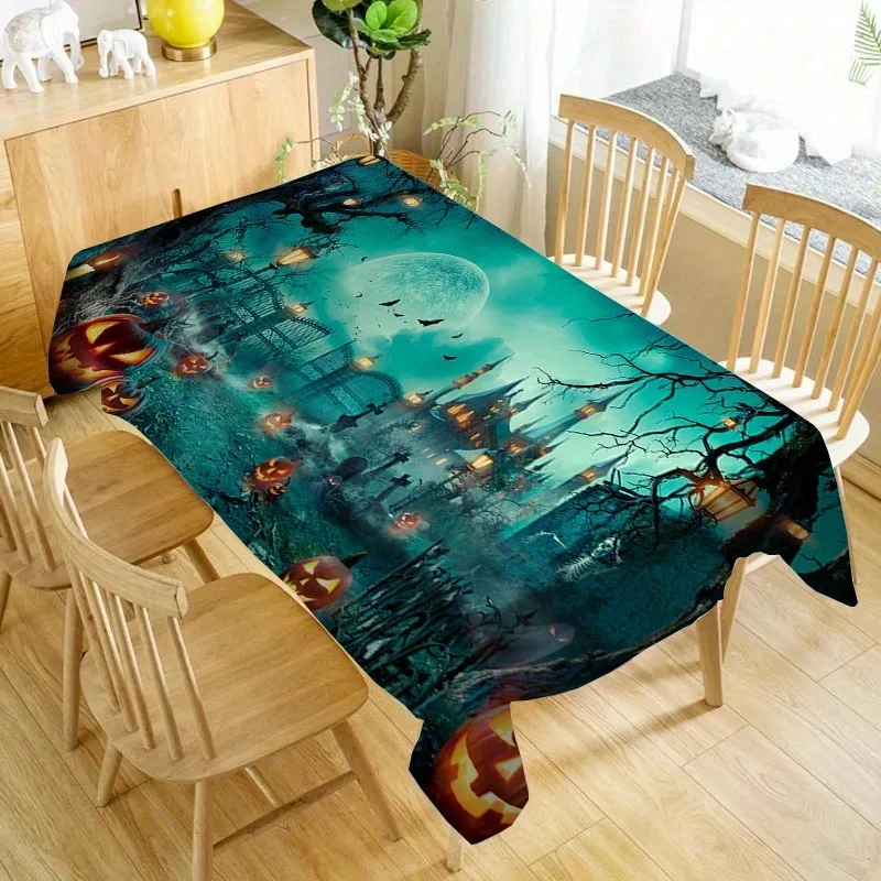1Pc Halloween Style Tablecloth Teal Blue Haunted House Moon Pumpkin Print Table Cover For Dining Kitchen Party Decoration p