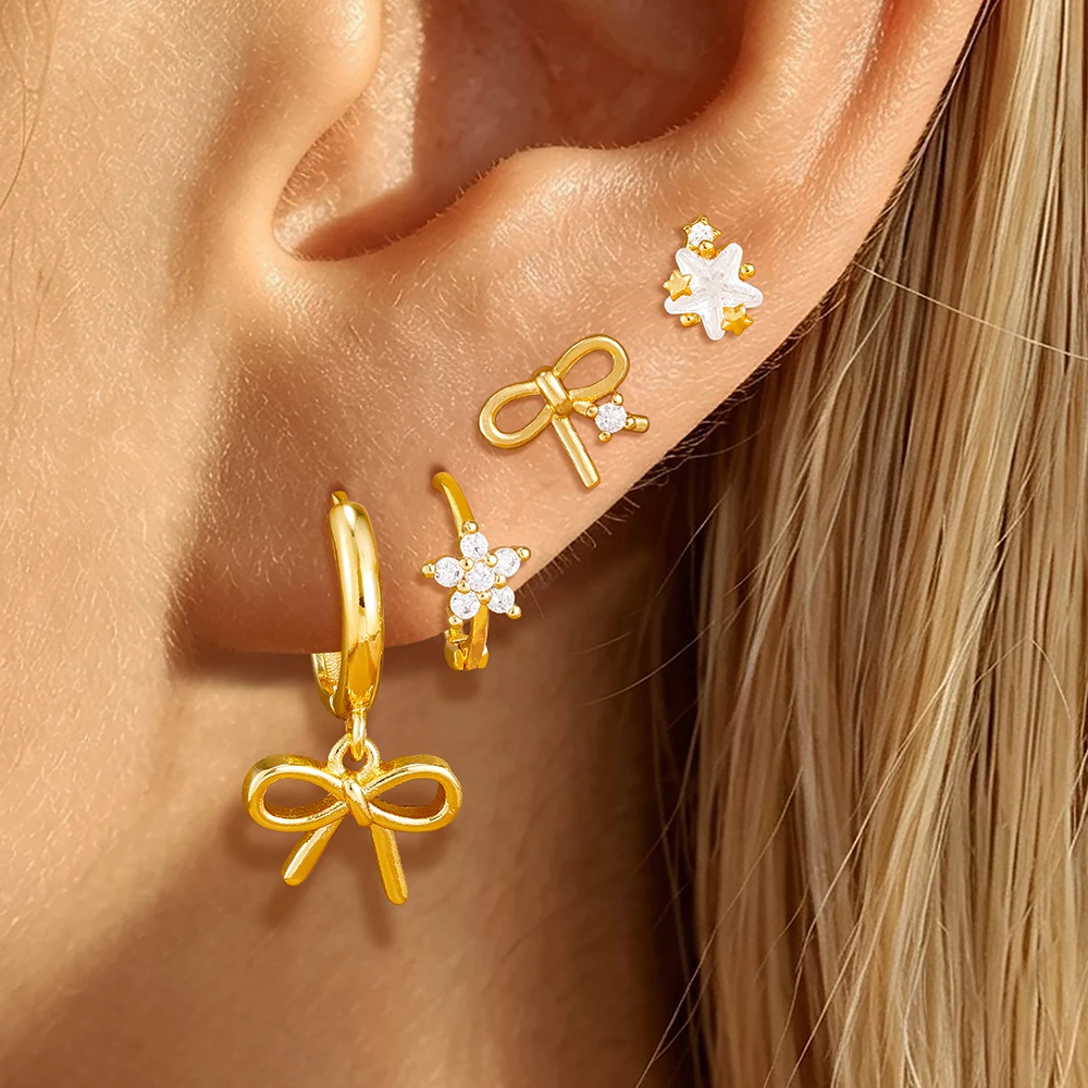 4PCS/8PCS Fashion Stainless Steel Hollow Bowknot Dangle Earrings Set For Women Zircon Huggies Earrings Piercing Jewelry aretes