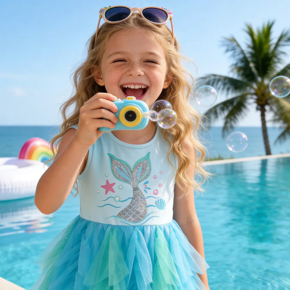 VIKITA Girls Sleeveless Mermaid Print Summer Blue Dress Kids Layered Princess Birthday Party Prom Gown Elegant Tutu Dresses