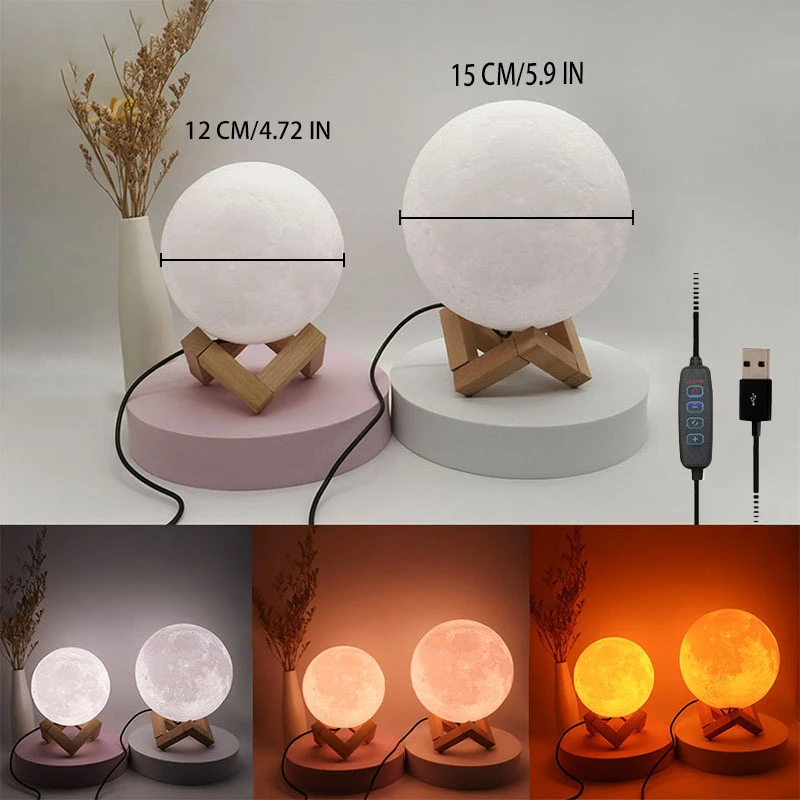 Lámpara LED de luna con enchufe USB, luz nocturna de mesita de noche, 3 colores, regulable, adorno para el hogar, decoración de habitación, luz