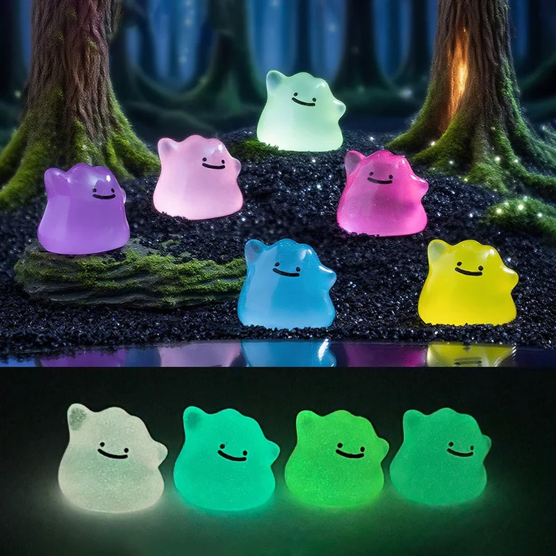 Conjunto de 6 Figuras Miniaturas Multicoloridas de Anime Pocket Monsters que Brilham no Escuro, Modelo Fofo de Ditto, Decoração de Boneco, Presente Surpresa de Halloween