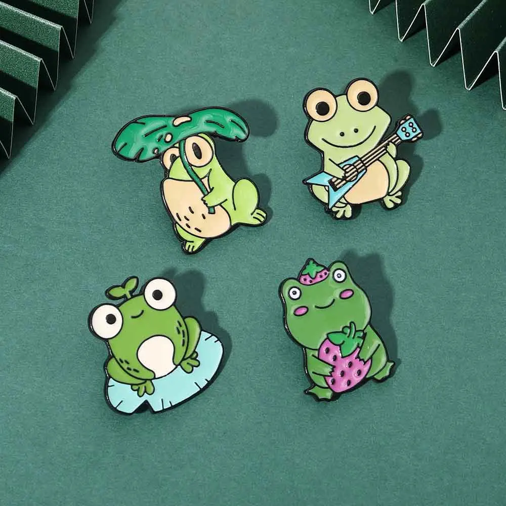 Cartoon Anime Lotus Leaf Play The Guitar The Frog Prince Brooches Strawberry Green Enamel Gun Black Alloy Pins For Kids Girls