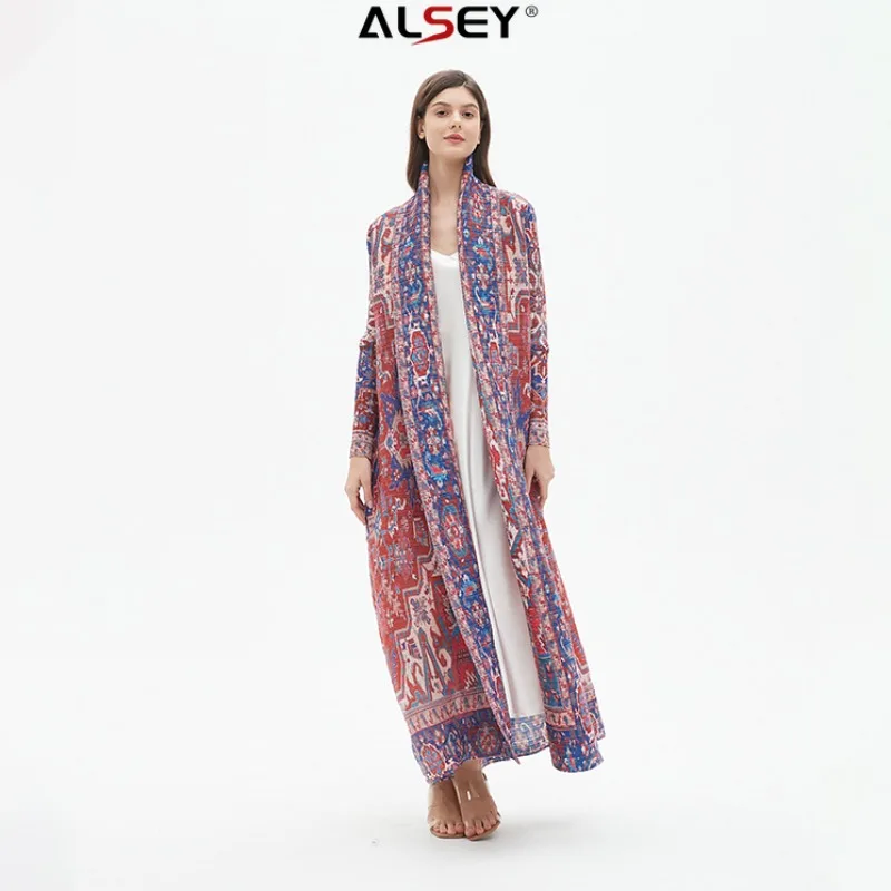 ALSEY Miyake Classical Printed Women's Long Gown Pleated Detachable Belt Design Loose Plus Plus Long Dress 2024 Summer New