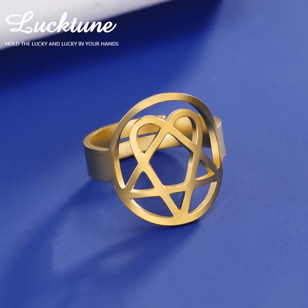 Lucktune Heartagram Star Symbol Rings for Women Stainless Steel Heart Pentagonal Adjustable Ring 2025 Gothic Jewelry Couple Gift