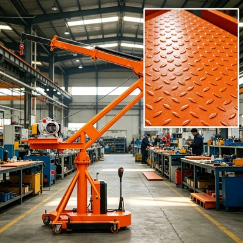 Counter weighted portable electric floor crane with jib boom for car repair, house construction, and indoor warehouse lifting