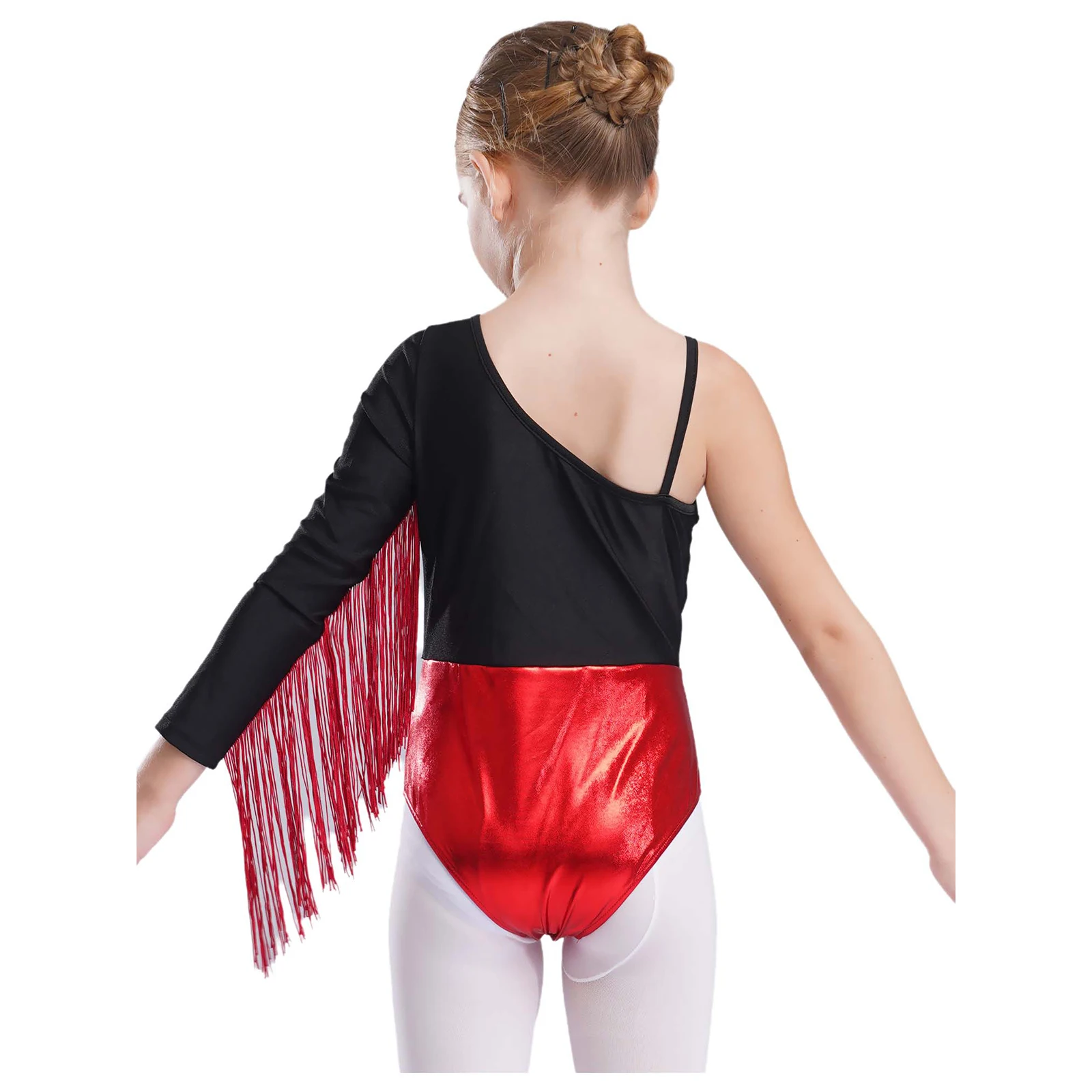 Kids Girls Gymnastics Leotard Latin Line Samba Tango Cha-Cha Dance Performance Costume Fringed Shiny Rhinestones Bodysuit Tops