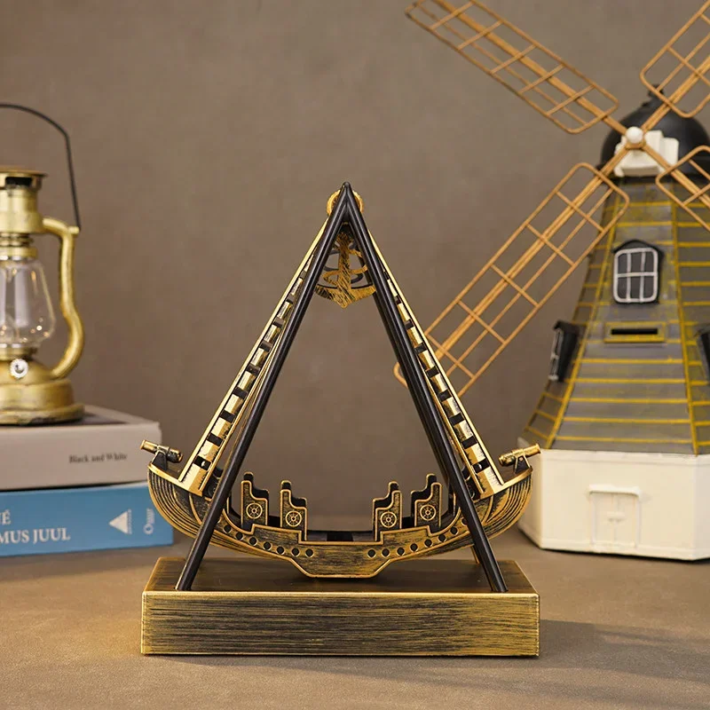 Pirate Ship Perpetual Motion Desk Toy Swinging Kinetic Sculpture Auto Rocking Ornament for Office Home Stress Relief Decor