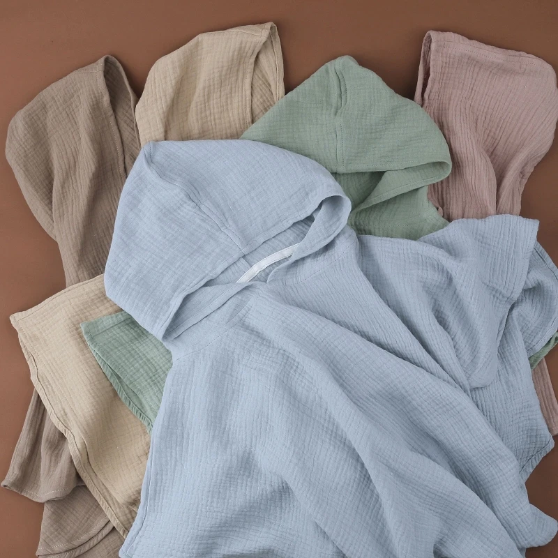 Serviette de bain à capuche en coton pur pour bébé, peignoir de plage en mousseline de couleur unie, à séchage rapide