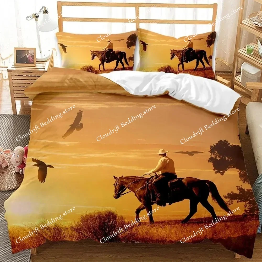 Western Cowboy Sunset Scenery Bedding Set Boys Girls Twin Queen Size Duvet Cover Pillowcase Bed Boys Adult Home Textileextile