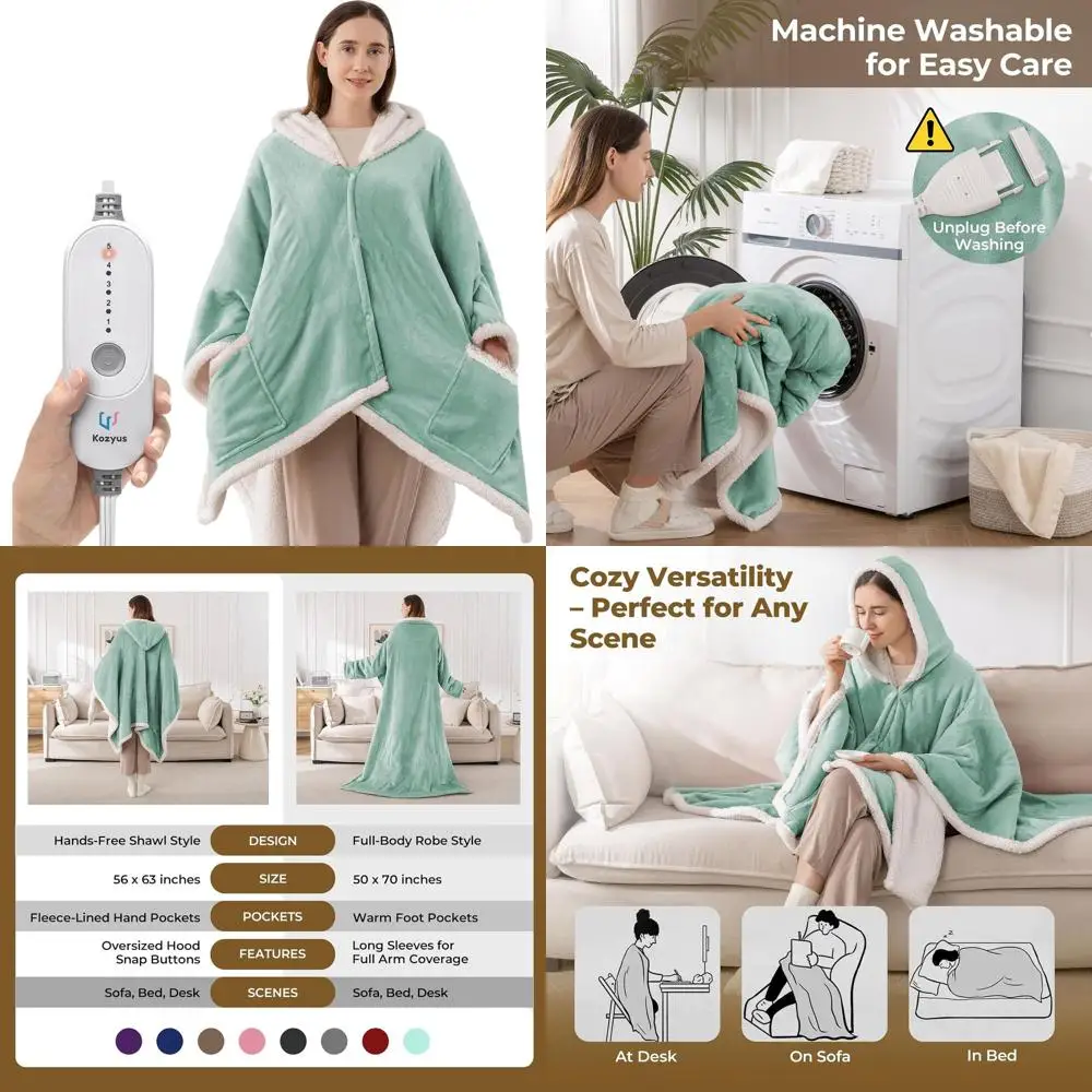 

Electric Heated Blanket with Hood & Pockets, 5 Settings, Auto-Off, Washable, Certified, Unisex, 56x63, Light Green