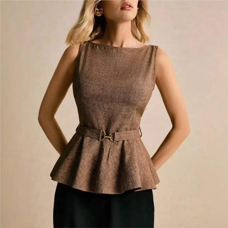 Elegant Women's Fashion Solid Color Vest Top Spring Summer Sleeveless Fish Tail Slim Fit Slimming Ladies Vests Tops With Belts
