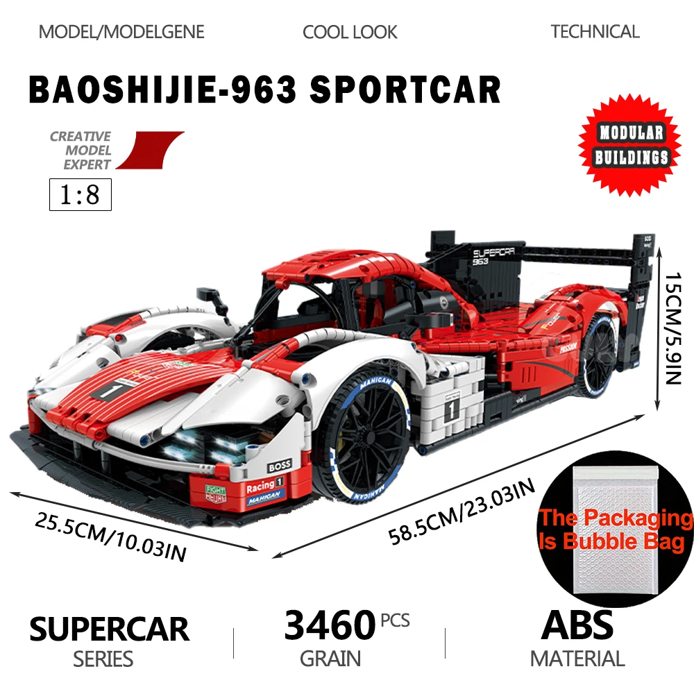 Baoshijie-963 Supercar Model Bouwsteen 1:8 Schaal Technische Bureau Decoratie Assemblage High Tech Bakstenen Sets Kind Speelgoed Voor Cadeau