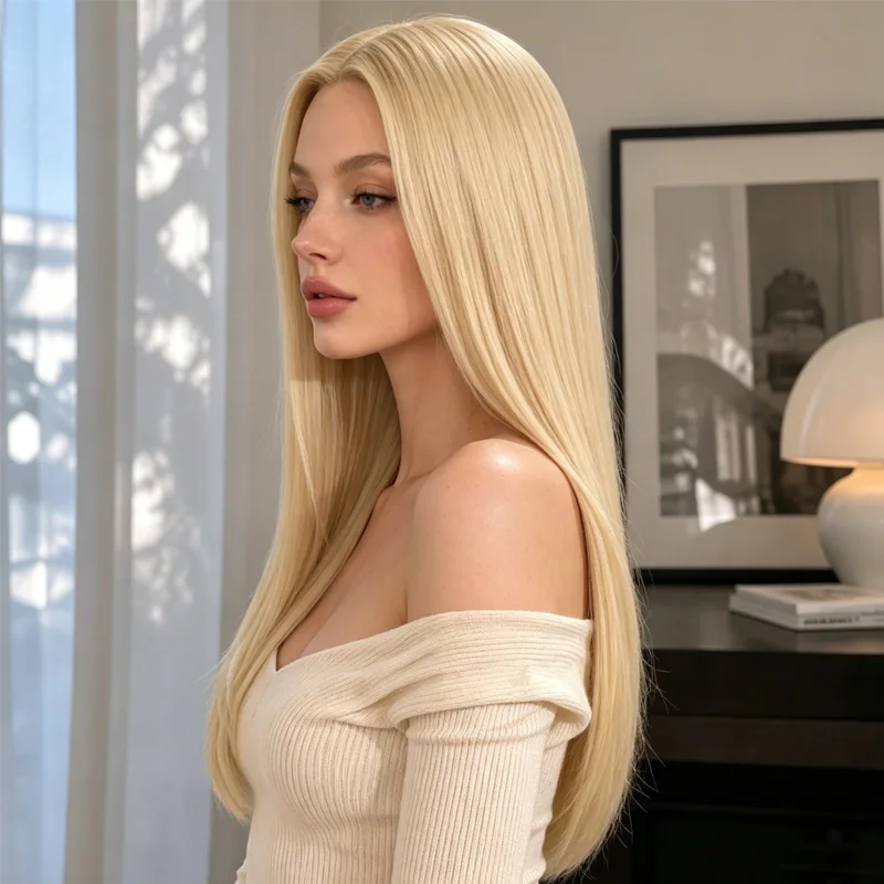 28-inch long straight blonde synthetic wig, smooth with a center part, perfect for everyday stylish looks.