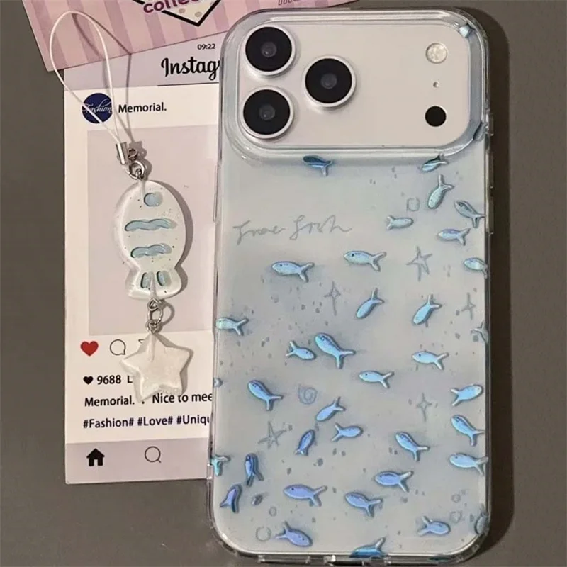 

Perforated vortex shell IND blue goldfish phone case with small fish pendant for iPhone 11 12 13 14 15 16 17 Pro Max
