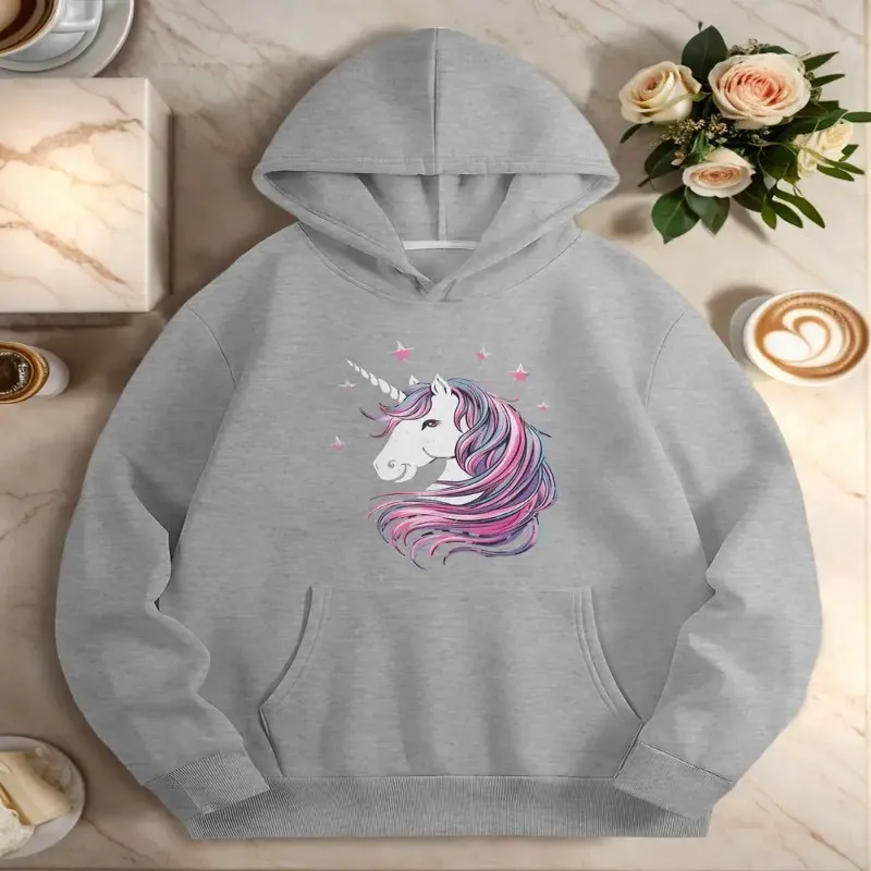 

Женская толстовка из активного полиэстера больших размеров с принтом головы единорога, повседневная толстовка с капюшоном и длинными рукавами, трикотажная ткань стандартного кроя