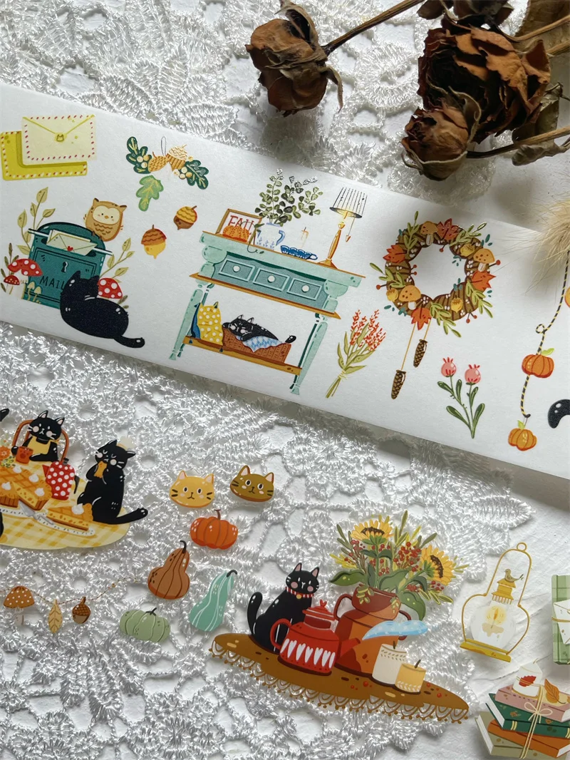 1 Loop 120cm Autumnal Element Lovely Cat PET Washi Tape DIY Decor Scrapbooking Journal Material Sticker