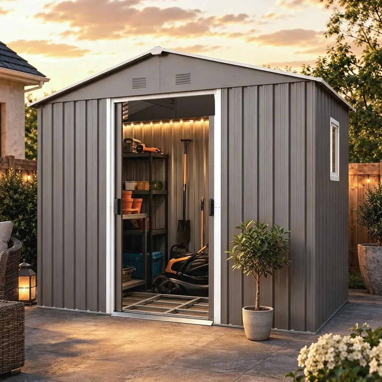 Metal Shed with Floor Frame & Sliding Door, Waterproof Sunproof Tool Storage for Backyard Patio Lawn, 7.74x4.29ft, Customized