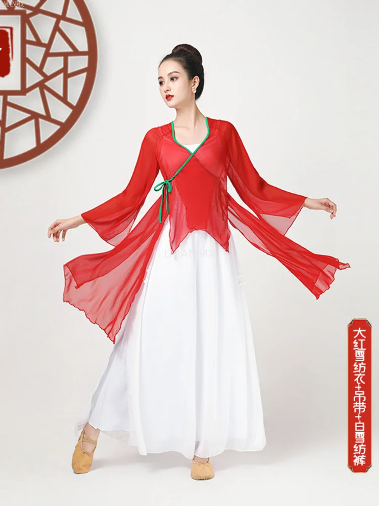 Solid Color Chiffon Elegant V-neck Suit Bandage Woman Dance Costume Hanfu Women Chinese Traditional Classical Tops Oriental 6XL