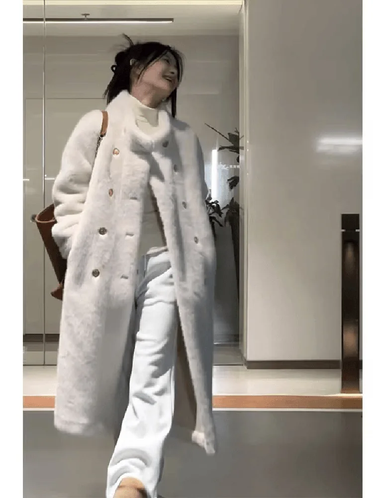 

Длинное женское длинное пальто из искусственного меха ягненка, зимнее новое моющееся стильное муфтное пальто прямого кроя для поездок на работу