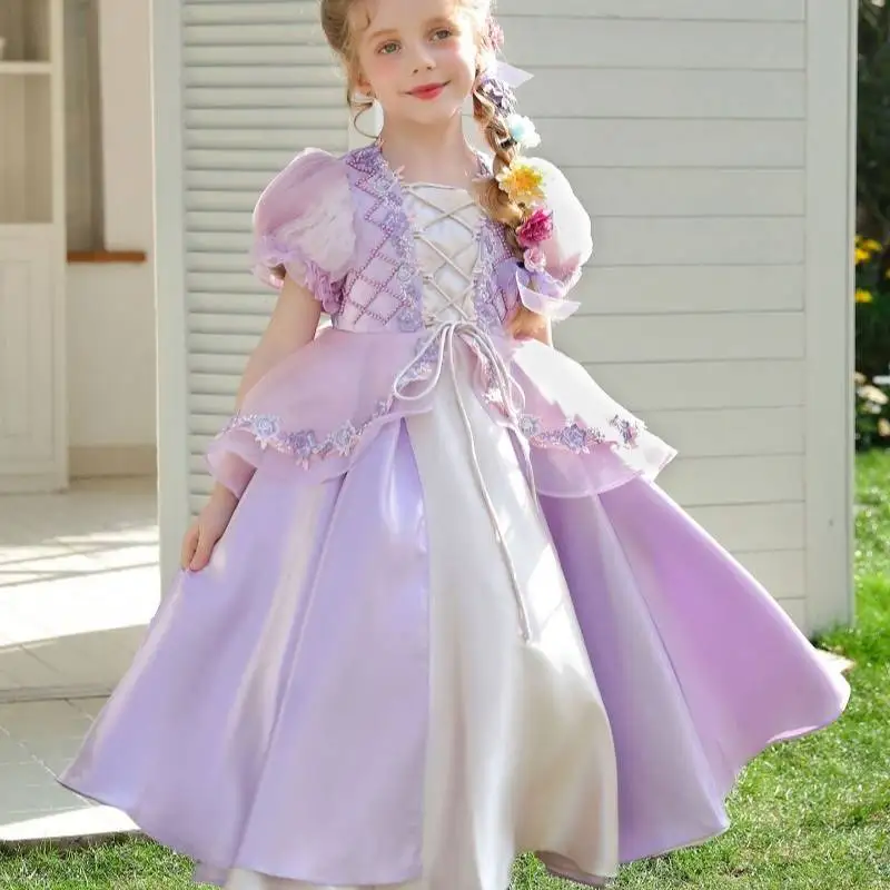 Rapunzel Princess Dress for Girls Puff Lace Floral Appliqué Purple Satin Ball Gown Kids Birthday Party Wedding Pageant Costume