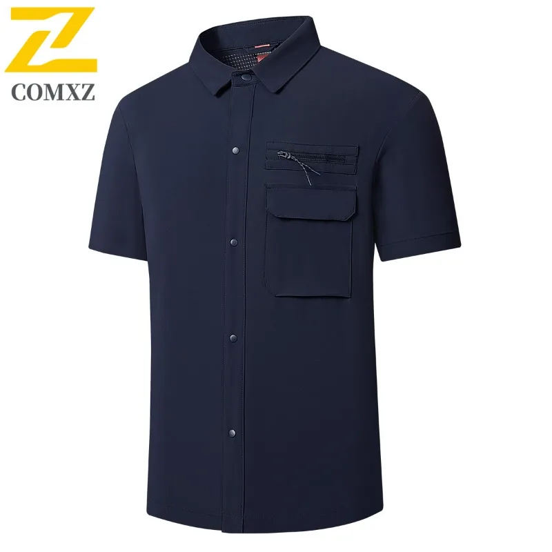 

COMXZ Summer Short Sleeve Shirt Men Casual Fashion Stretch Cool Sense Ice Silk Work Shirt Man Business Office Comfortable Tops