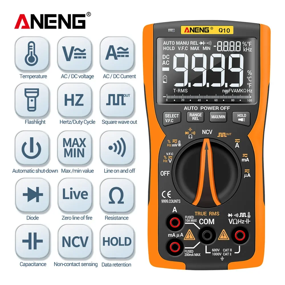 Imagem -04 - Intelligent Anti-burn Multímetro com Verdadeiro Valor Eficaz Componentes Eletrônicos Tester Ferramenta 9999 Palavras Multi-função Aneng-q10