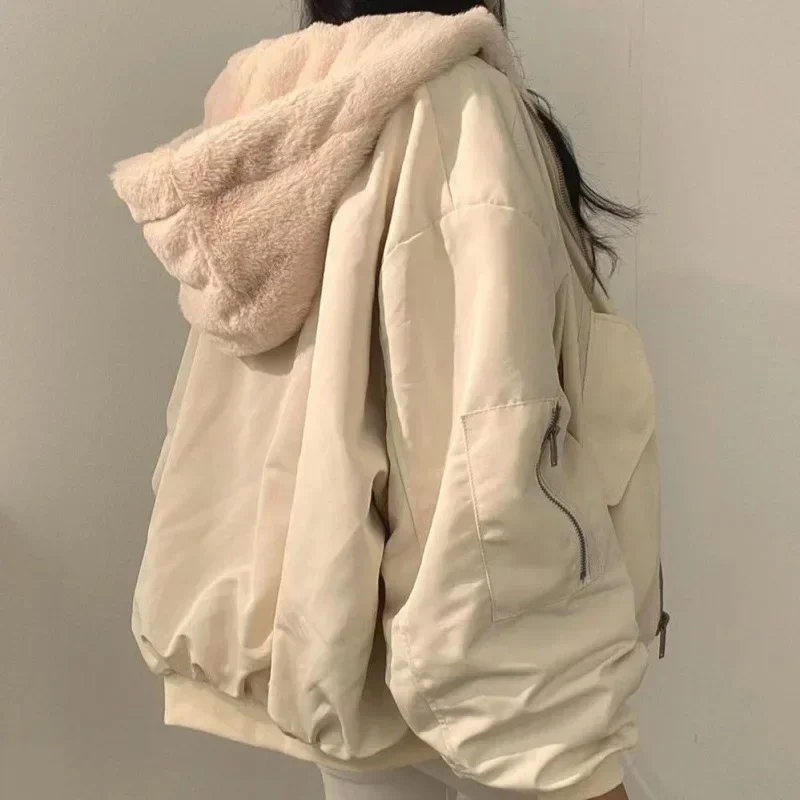 2024 Autumn Thicken  Women Casual Hooded Jacket Winter Comfortable Double-Layer Korean Style Simple Solid Warm Cute Coats