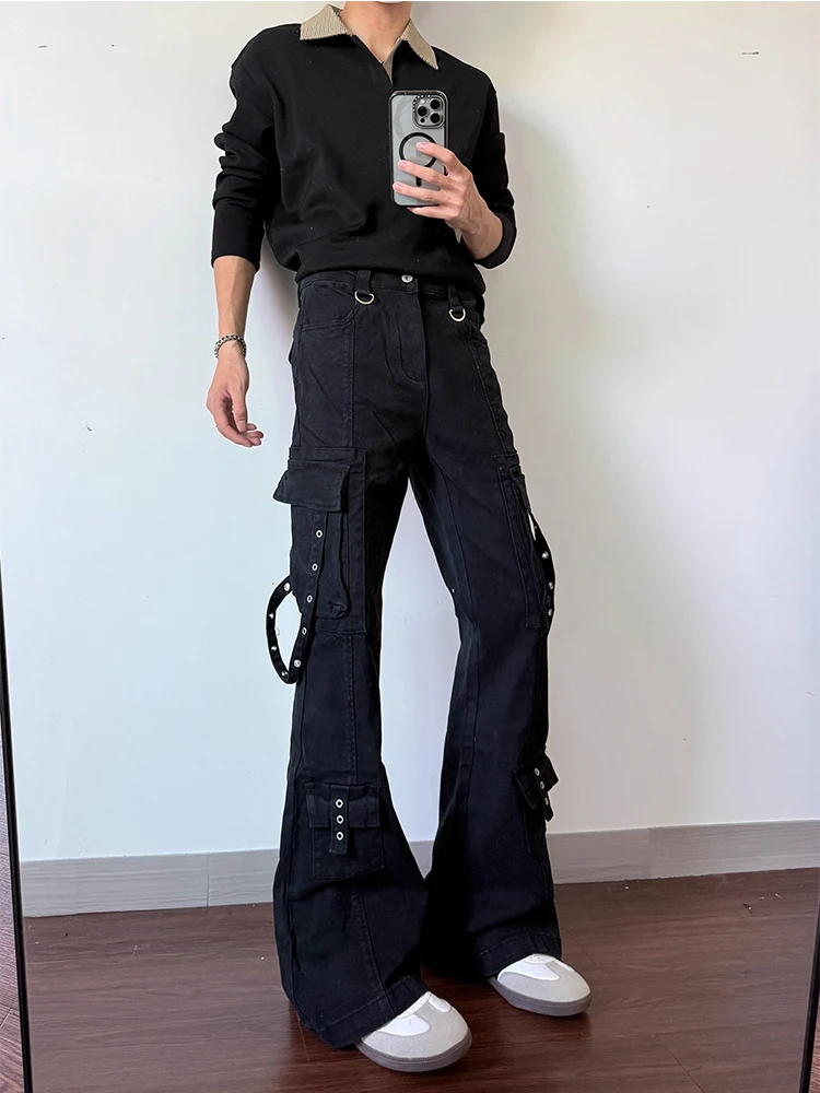 

Punk k Sle Belted Flared Work Pants Men's Waed American High Street Slim Fit Casual Long Trousers Youth Leisure Faion