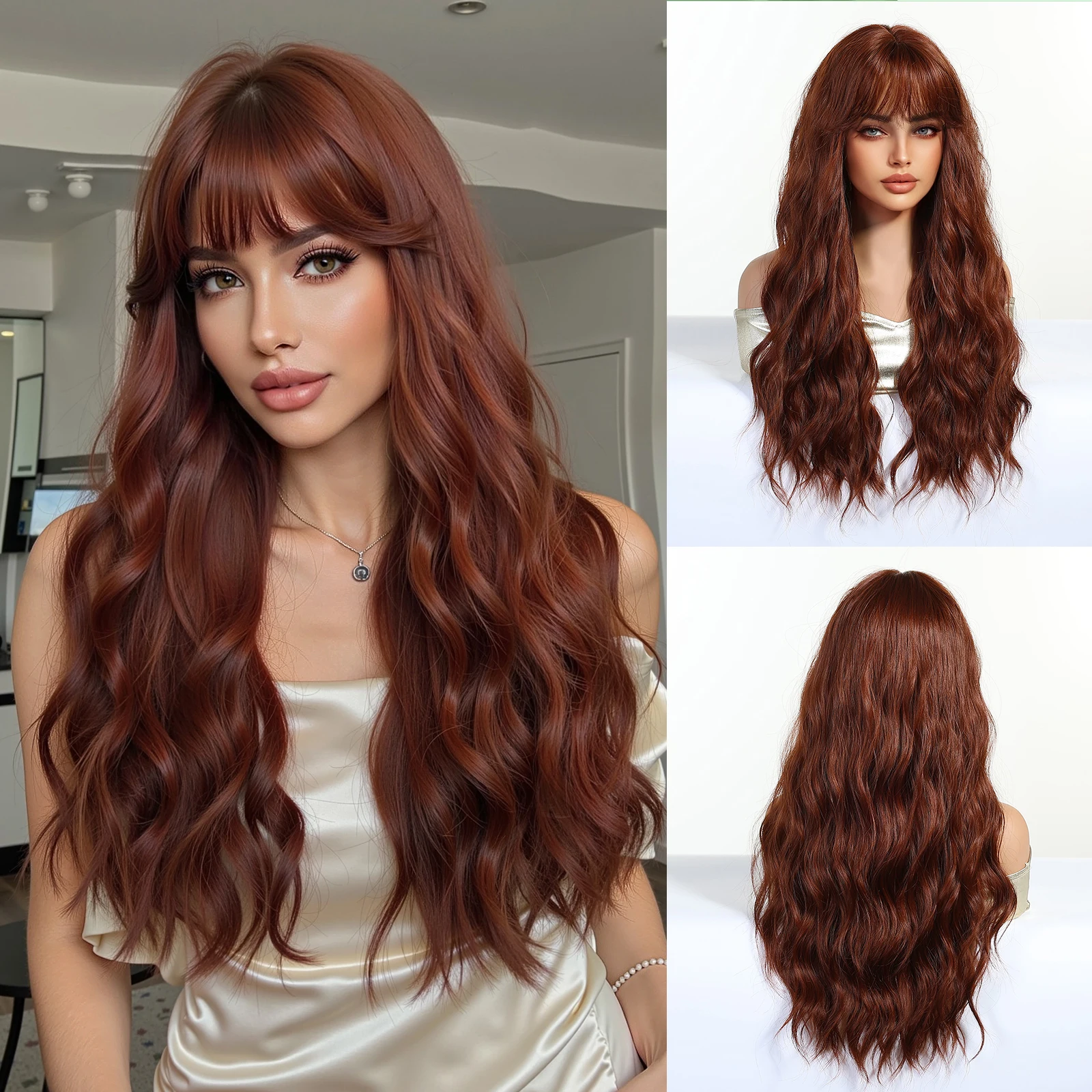 

Красный Коричневый Волнистый Парик Для Женщин С Челкой Длинные Вьющиеся Волнистые Парики Из Натуральных Синтетических Волос Для Женщин Повседневный Косплей Термостойкий