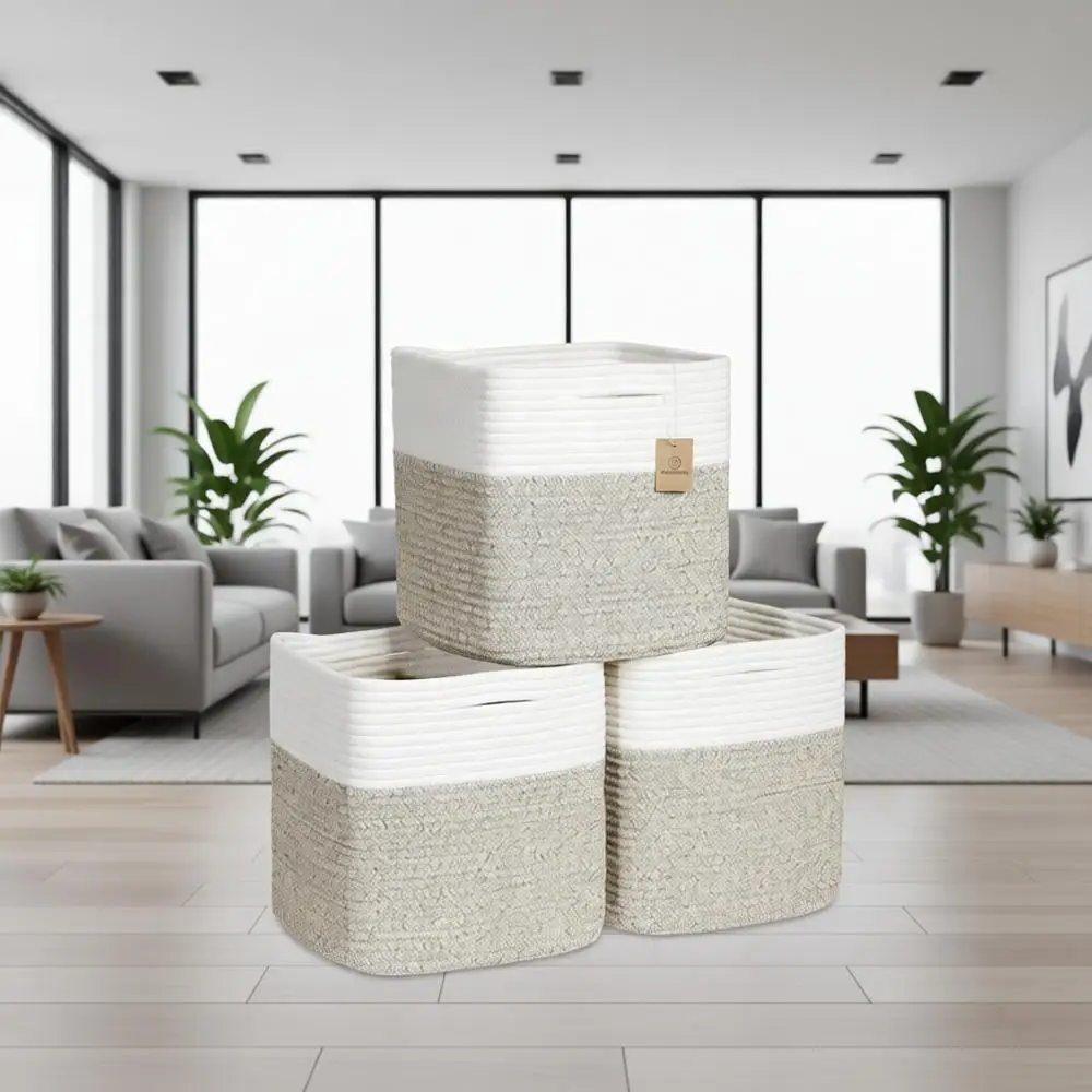 

11 Inch Cotton Rope Woven Baskets, 3-Pack | Cube Storage Organizers for Home, Classroom, and Nursery