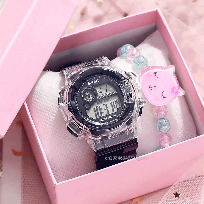 Children's Electronic Watch Teenage Couple Fashion Sports Multifunctional Watch and Acrylic Beaded Bracelet Set Gift for Kids